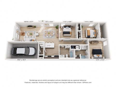 Floor plan for 3 beds, 2 baths, 1300 sqft